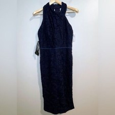 JS Collections Women's Scarlett Wrap Tea Length Dress Size 6 Navy Lace NWOT