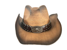 QUEUE ESSENTIALS Straw/Leather BULL-BUCKLE COWBOY HAT Western Rodeo Cap Sz S/M