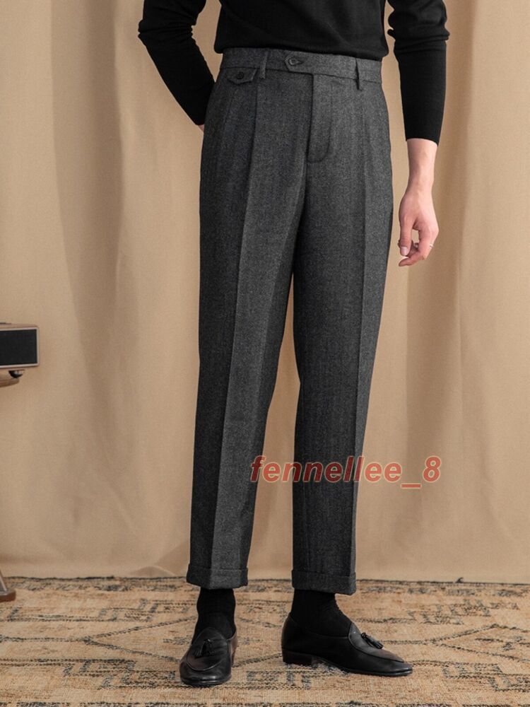 Retro Italian Style Mens Wool Blend Spring Dress Pants Long
