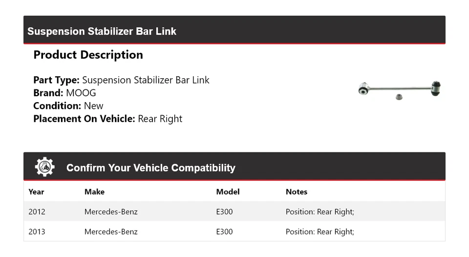 Barra estabilizadora de suspensión trasera derecha MOOG para Mercedes-Benz E300 2012-2013 Foto 2 de 4