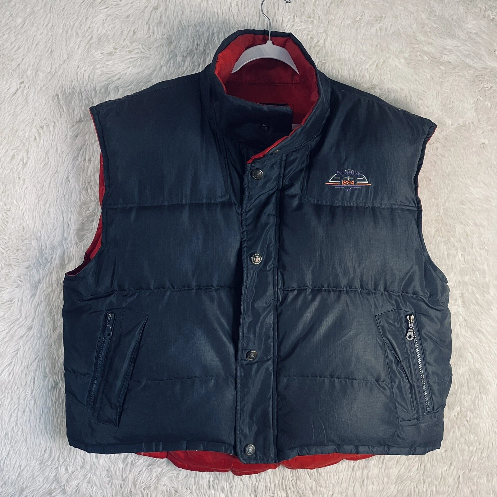 Mens Stratojac Reversible Down Vest XL Gray Red Hood Outdoors Camping Hiking