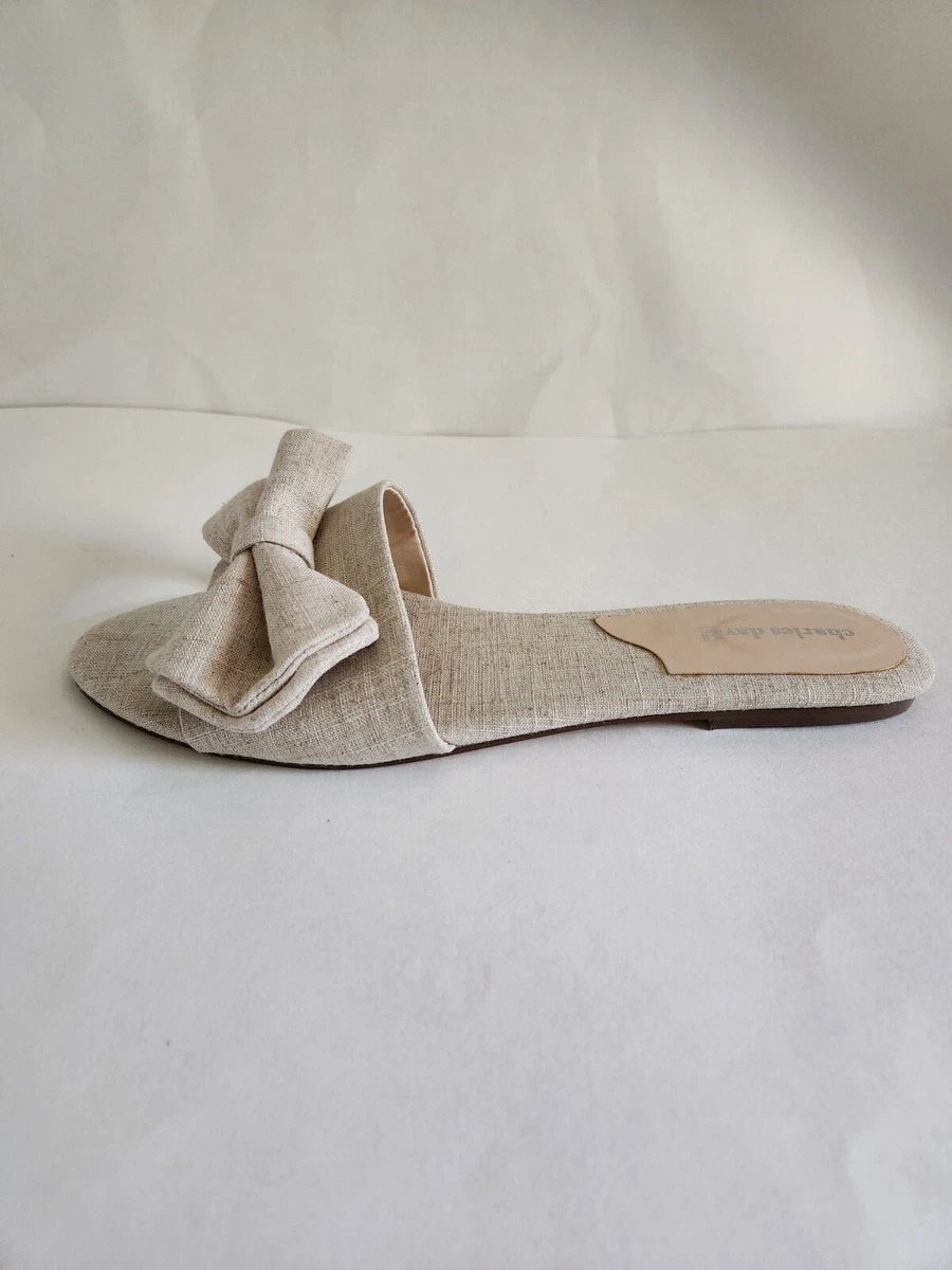 Charles David Slipper Slide Flat Sandal Beige Linen Canvas Mule Bow 9.5