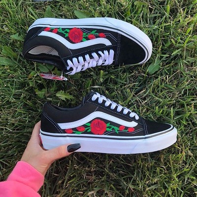 black vans rose embroidery