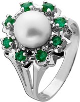 Perlenring WeißGold 585 14K GrüNe Smaragde 0.36Ct Akoyaperle Antikschmuck