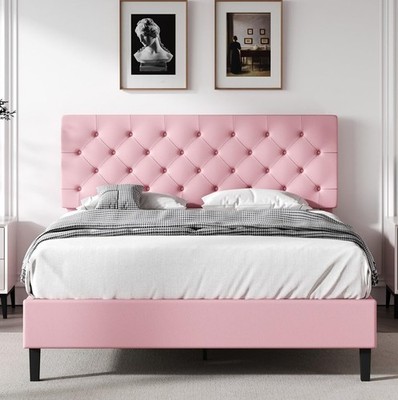 Queen Bed Frame with Headboard, Faux Leather Upholstered Platform Bed Frame