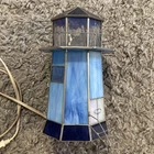 Vintage Nautical Stained Glass Lighthouse Accent Table Lamp Blue 8.5” Tall
