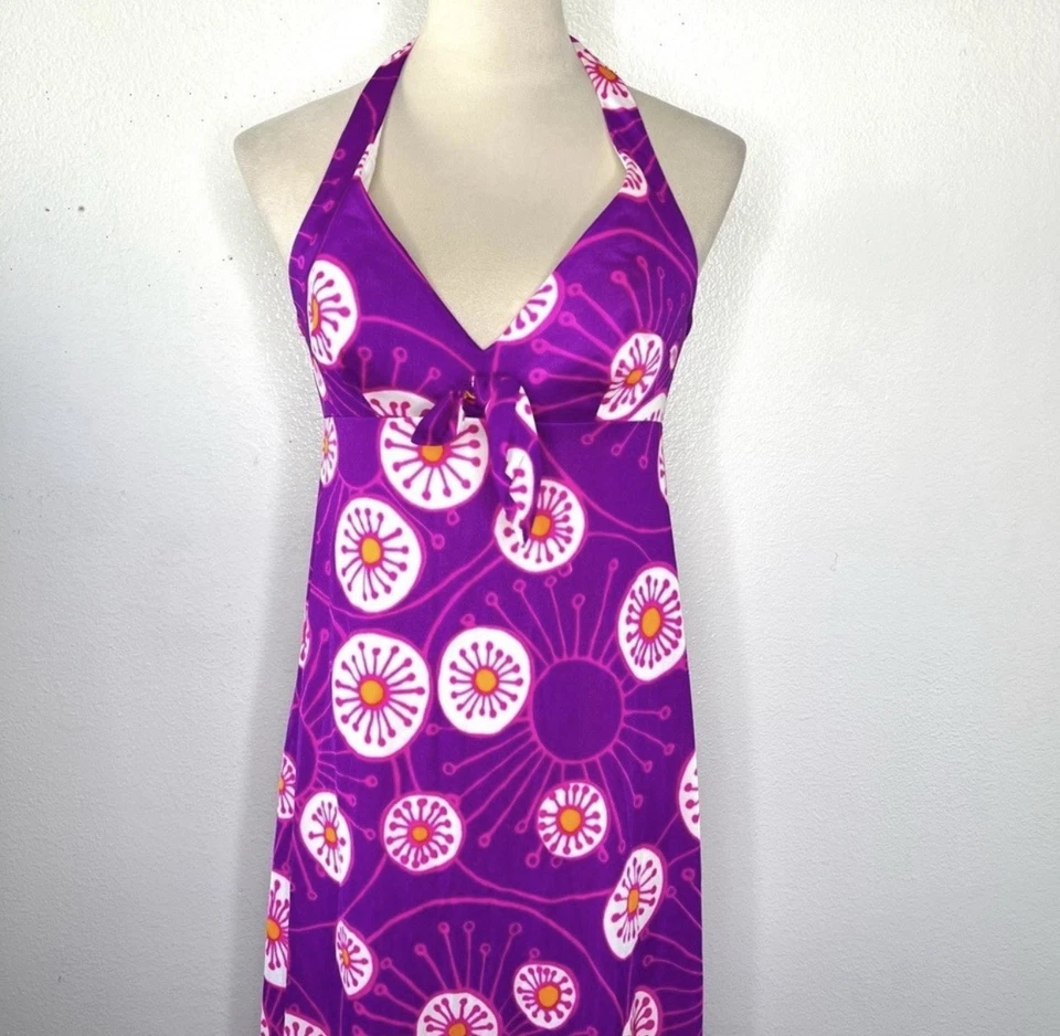 Vestido sin Mangas Psicodélico Maxi Púrpura Estampado Halter Camisón Hippie DE COLECCIÓN AÑOS 70 Foto 2 de 4