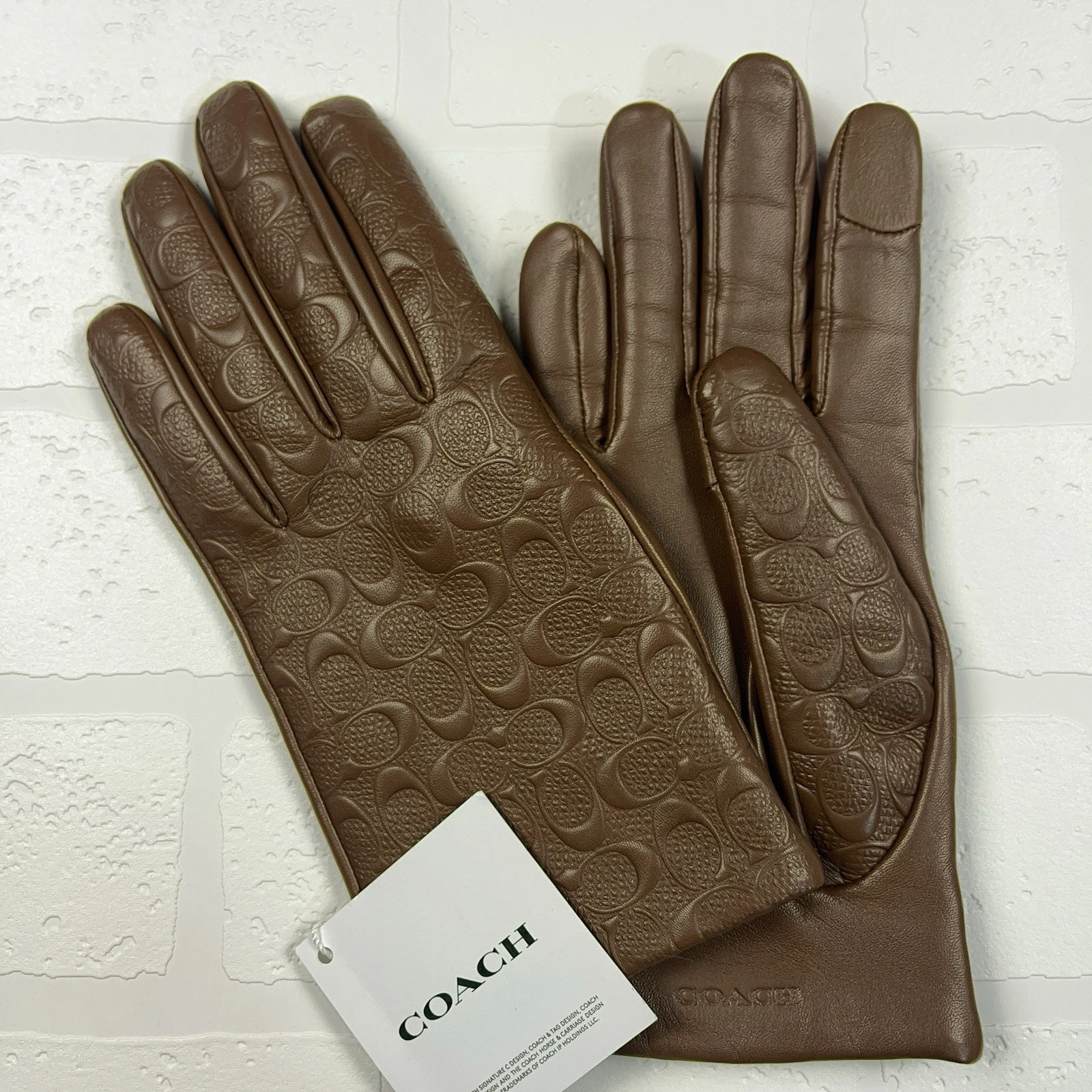 Coach Signature LOGO Brown Leather TECH Gloves Women's size 6.5 NEW NWT $168
