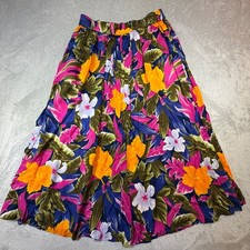 Vintage 90s Floral Midi Skirt Size Small Petite Rayon Tropical Pockets Stretch