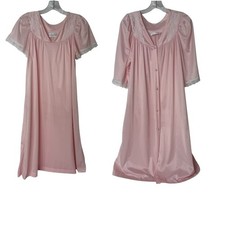 Vintage 60s Sans Souci Sheer Nightgown  Robe Set Pink Lace Pocket Womens M