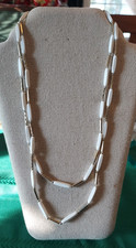 vintage white long bead plastic and metal layering necklace 1970's 44"