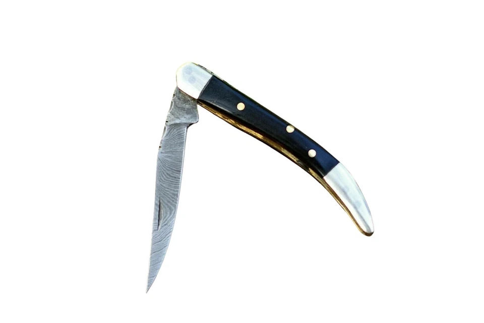 Handmade Damascus Steel Pocket Knife Folding Knife Buffalo Horn Handle w/Sheath - Image 4 of 4