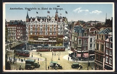 Ansichtskarte Amsterdam, Muntplein m. Hotel de l´Europe, Strassenbahn 