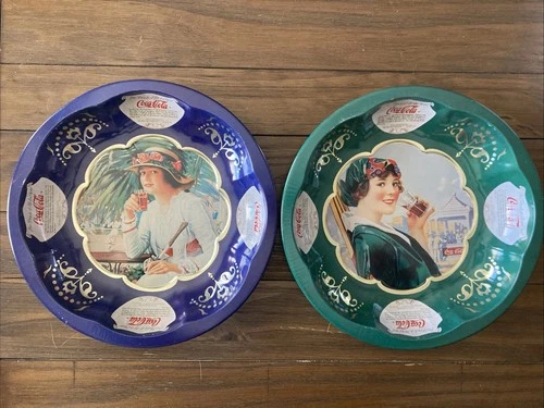 Lot of 2 Vintage Coca-Cola Collectors Serving Tin Trays with 2 Magnetic Hangers