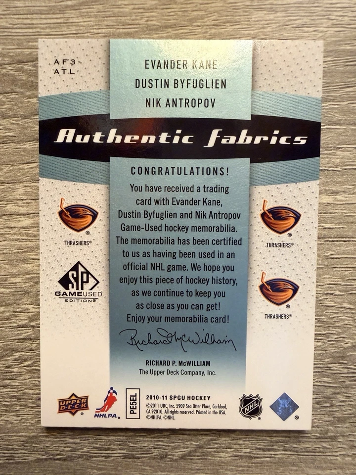 2010-11 SP Game Used Authentic Fabrics Triple Patch Kane/Byfuglien/Antropov /15 - Image 2 of 3