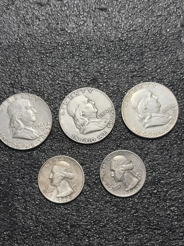 1960’s 5 Piece Set Of 90% Vintage Silver- 1.76 Oz Franklins &Washington