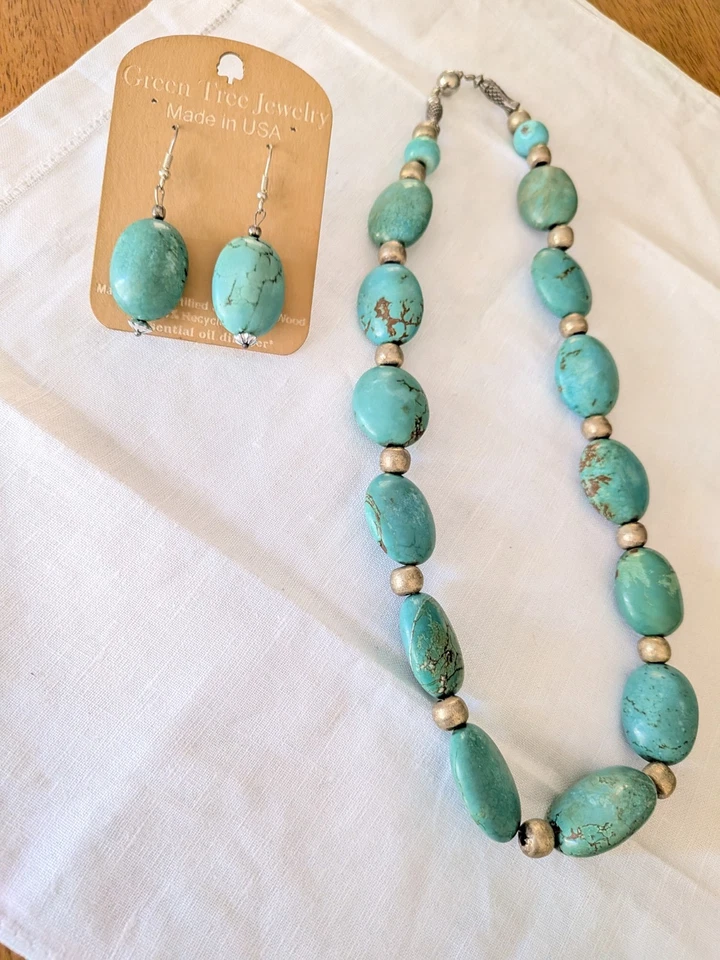 #0207:天然绿松石珠宝耳环+项链套装 — 第 2/4 张图片