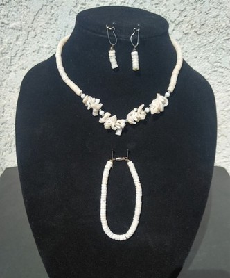 Authentic Hawaiian Puka Shell 15'' Necklace 6.5'' Bracelet w/ Earrings- 4pc Set