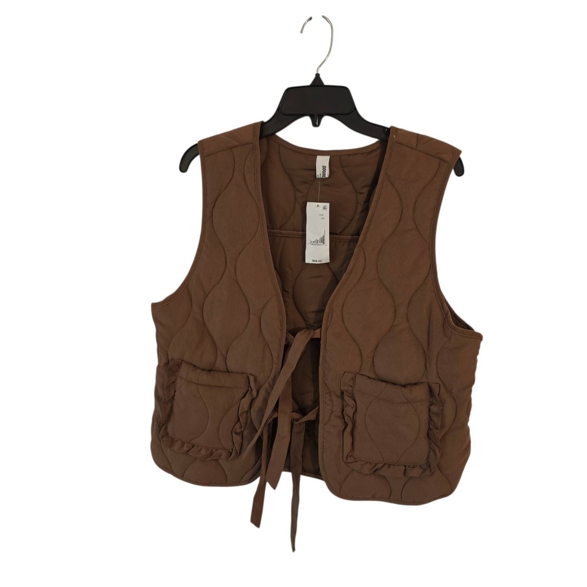 Double Zero Quilted Tie Front Vest Large Brown Ruffle Pocket Cottagecore Boho... View 2