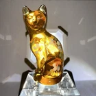 Fenton Amber Glass Cat Figurine 5” Hand Painted Flowers Signed A Farley