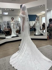 White Off Shoulder Mermaid Wedding Dress with Train and Button Back