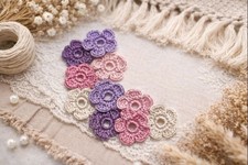 10 Small Crocheted Flowers, Floral Appliques, Textile Ephemera