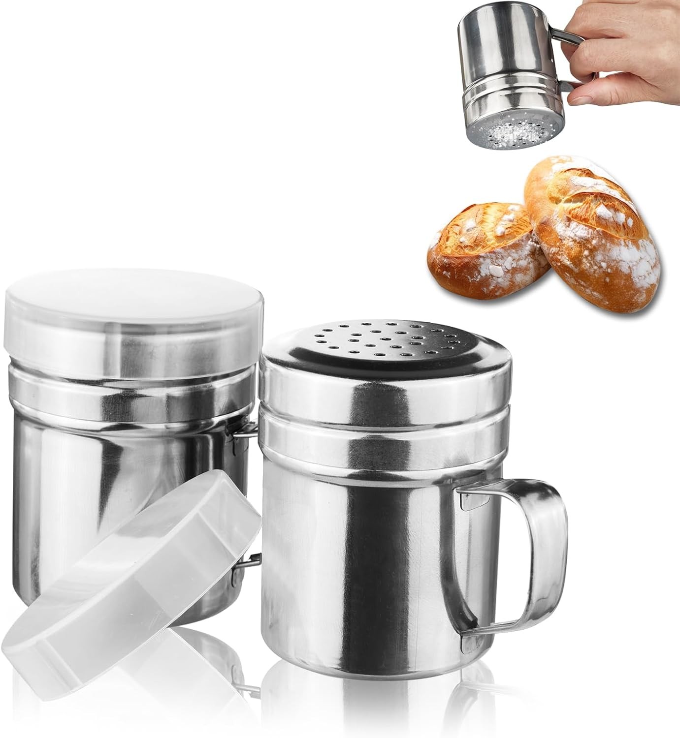 2 Pcs Powdered Sugar Shaker Duster - With Handle - Seasonings Spice Silver 