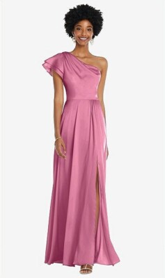dessy pink dress Dessy Collection 3099 Draped One Shoulder Flutter Sleeve Maxi Small Pink  Dress