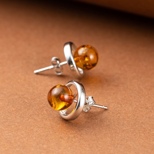 Baltic Amber Sterling Silver Small Stud Ball Earrings for Women - Picture 4 of 4