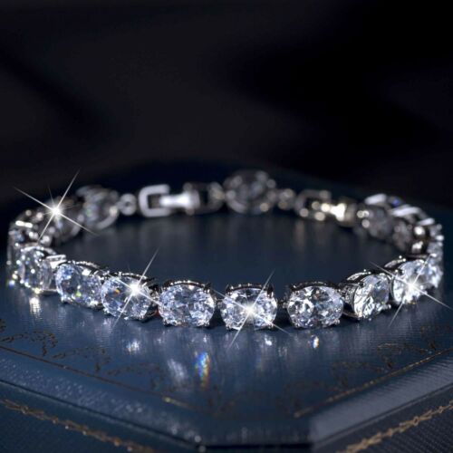 18k white gold gf oval simulated diamond iced bling tennis chain bracelet  - Picture 1 of 10