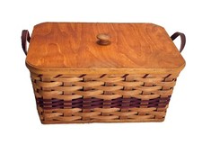 Amish Knitting-Sewing Oak Rectangular Storage Basket With Leather Handles