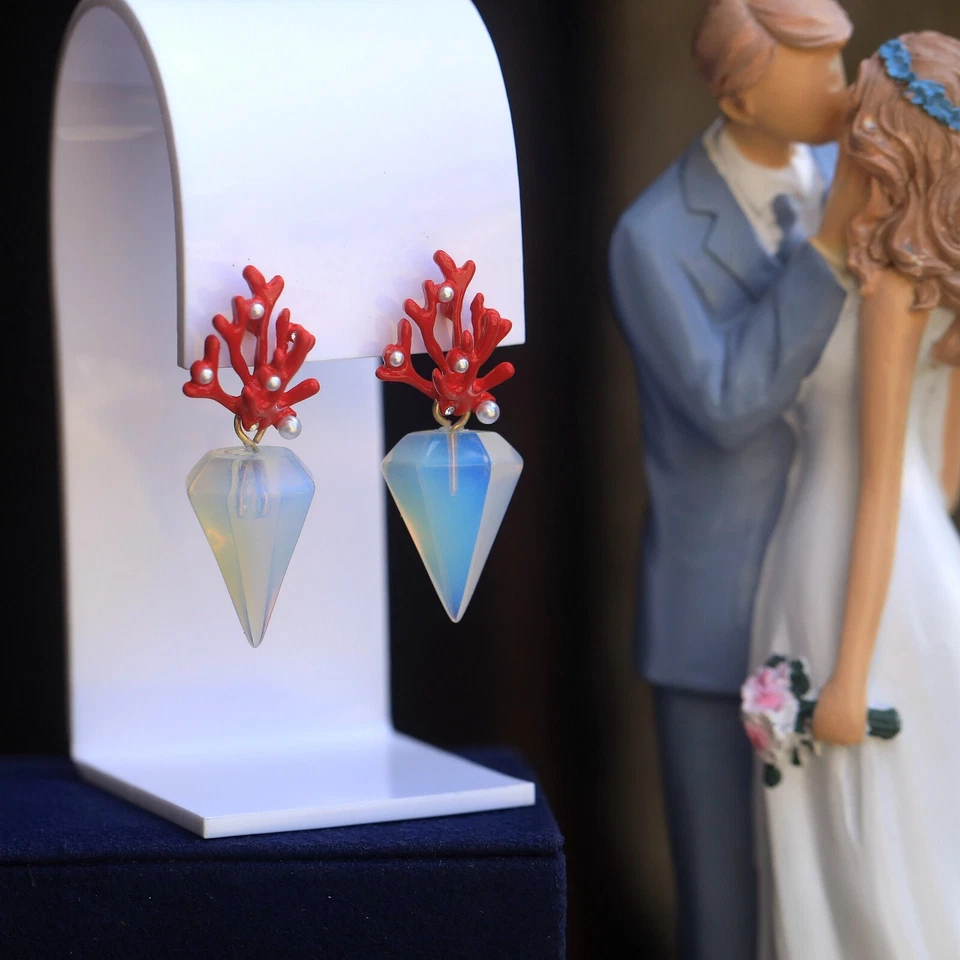 Ohrringe Clip Auf Koralle Emaille Rot Konische Stein Mond Syn. DZ1 - Bild 3 von 4