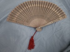 Vintage Wooden Hand Fan Carved Design with Red Tassel in Original Box