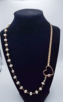 women's 18k gold electroplated chain and pearls with front heart clasp. 