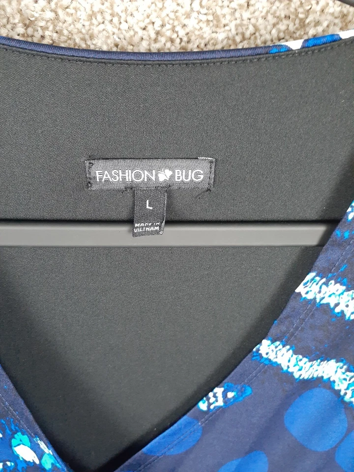 Vestido de moda Bug manga corta línea A para mujer L azul blanco abstracto cuello en V elástico Foto 4 de 4