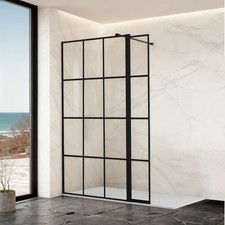 AQU Black Grid Shower Screen & Flipper Panel Walk In 8mm Glass Panel Cubicle UK