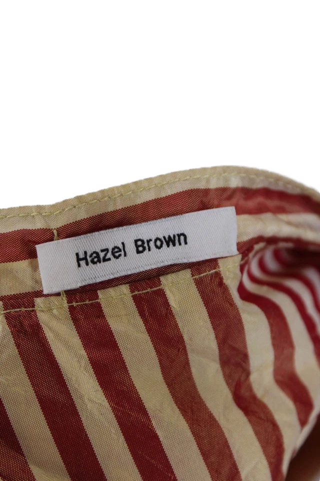 Hazel Brown 女式丝绸条纹长袖纽扣衬衫红色黄色 4 码 — 第 4/4 张图片