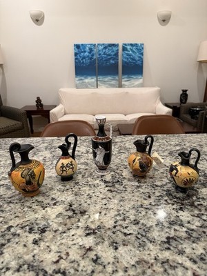 Collection of Greek-style ceramic miniature amphoras and oinochoe vessels