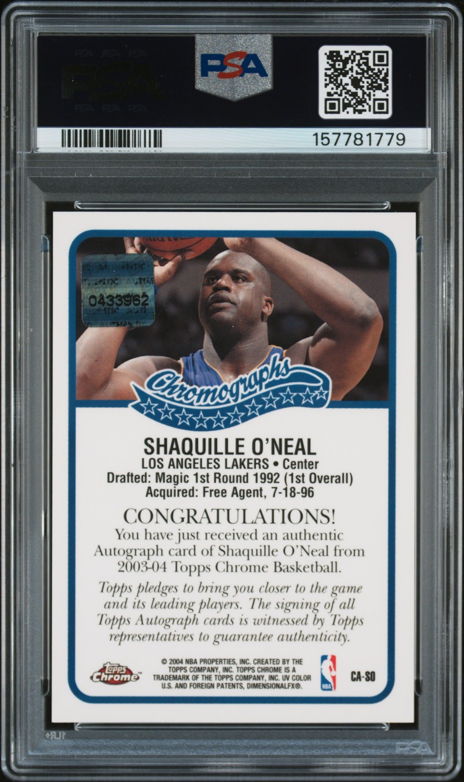 2003 TOPPS CHROME CHROMOGRAPHS #CA-SO SHAQUILLE O'NEAL PSA 9 view 2