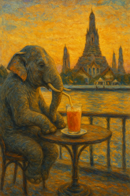 Bangkok Elefant Kunstdruck - thailändische Eistee Café Szene von Wat Arun - lebendige Laune