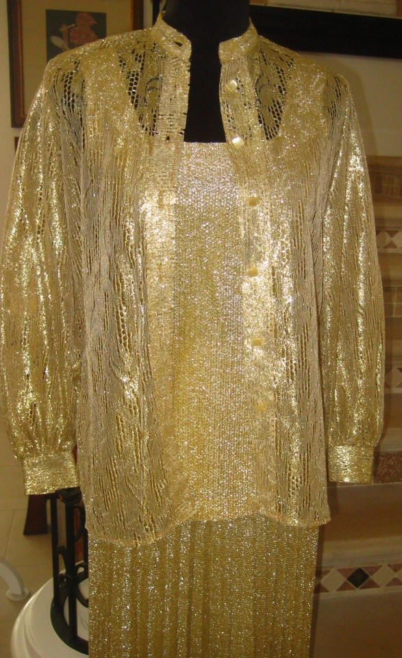 Vintage Teddi Ca 3 piezas oro metálico encaje acordeón plisado blusa tanque falda conjunto 8 Foto 2 de 4