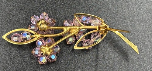 Aurora Borealis Glass Pink Crystal Brooch Flowers Gold Tone 8 cm Long - Picture 9 of 10