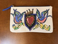 Brighton 2019 Love Of Art Birds Heart Crown Zip Top Canvas Cosmetic Bag
