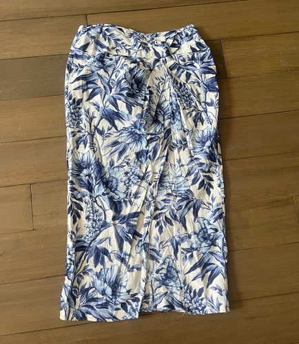 NWT H&M Midi Skirt Size 10 Linen Blend Knot-Detail Blue Floral Print Slim Drape