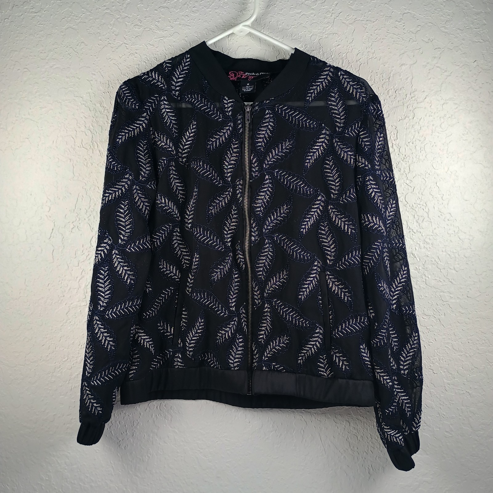 Peck & Peck Sheer Zip Jacket With Leaves Women's Size M Black Blue Silver