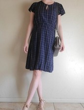 Old Navy Navy Blue Pink Plaid Flutter Sleeve Classy Feminine Dress Size Xs