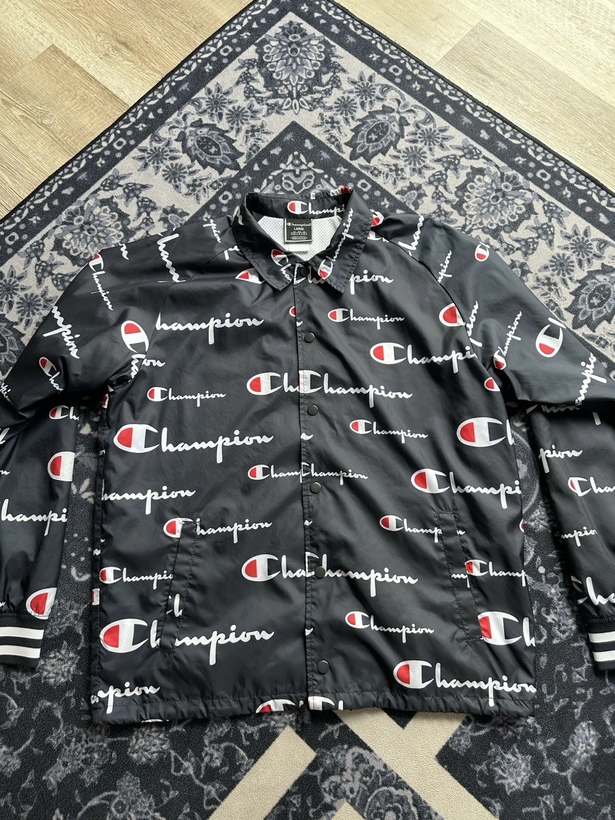 Champion Black Logo Print Snap Windbreaker Jacket Men's Large Sports Casual