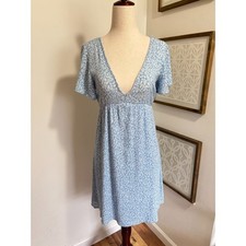 Blue Floral Babydoll Mini Dress S Made in USA Boho Cottagecore Romantic Boho 90s