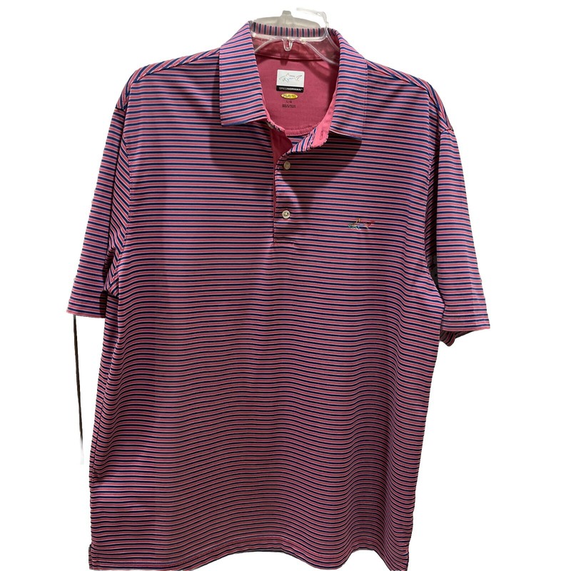 Greg Norman Golf Polo Play Dry Men's  Blue/ Rose Striped Shirt Size Large