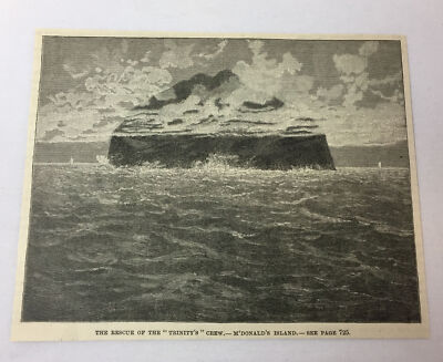 1885 magazine engraving ~ RESCUE OF TRINITY'S CREW M'Donald's Island Antarctica